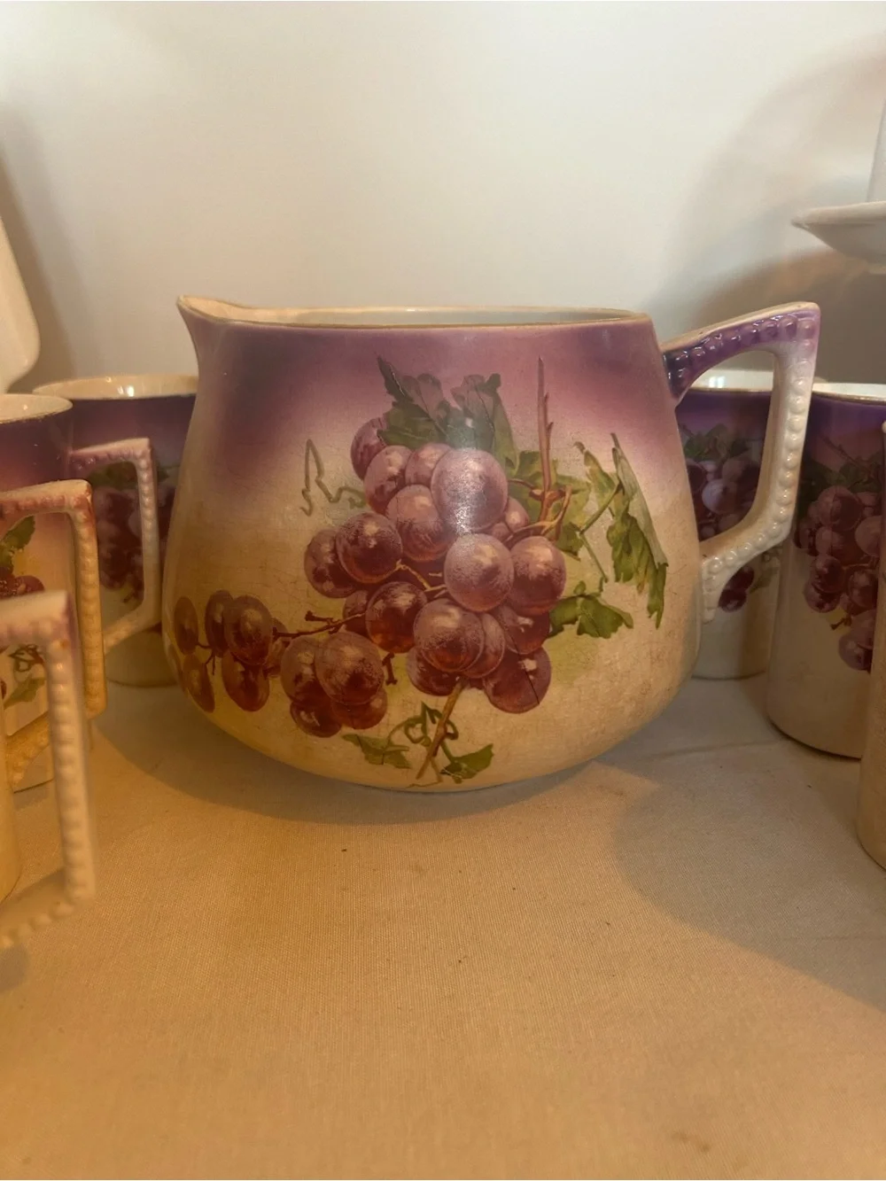 Antique Victorian grape lemonade or cider Pitcher and 8 Mug Set Dresden 1890s